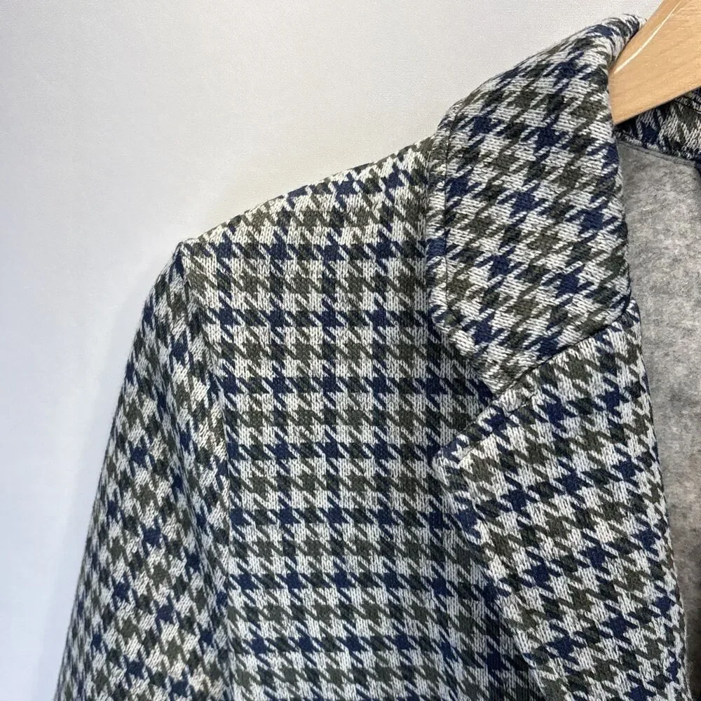 Lands’ End Knit Blazer M Petite Gray Houndstooth Blue Green One Button Career